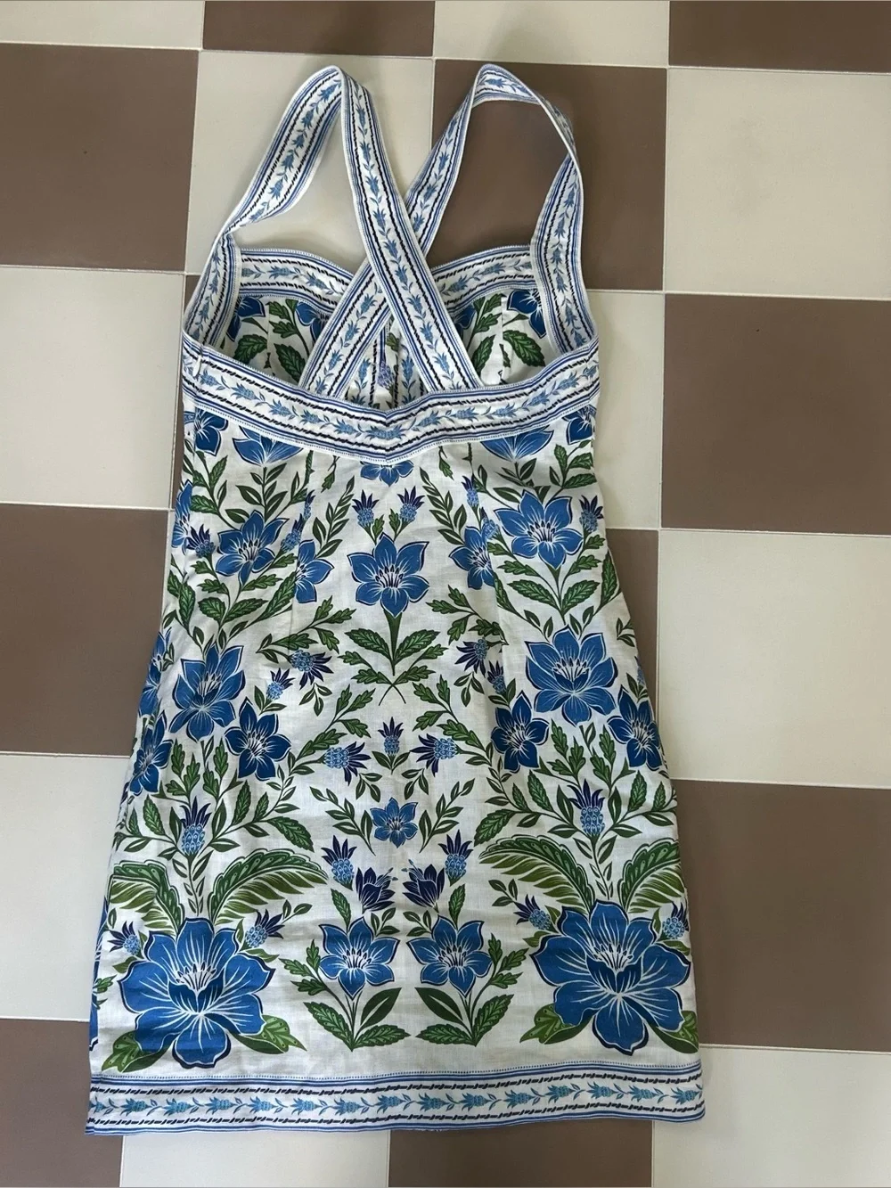 Farm Rio Tropicango Linen Mini Dress NWT S Blue Floral Crisscross Back $198 - Picture 7 of 9